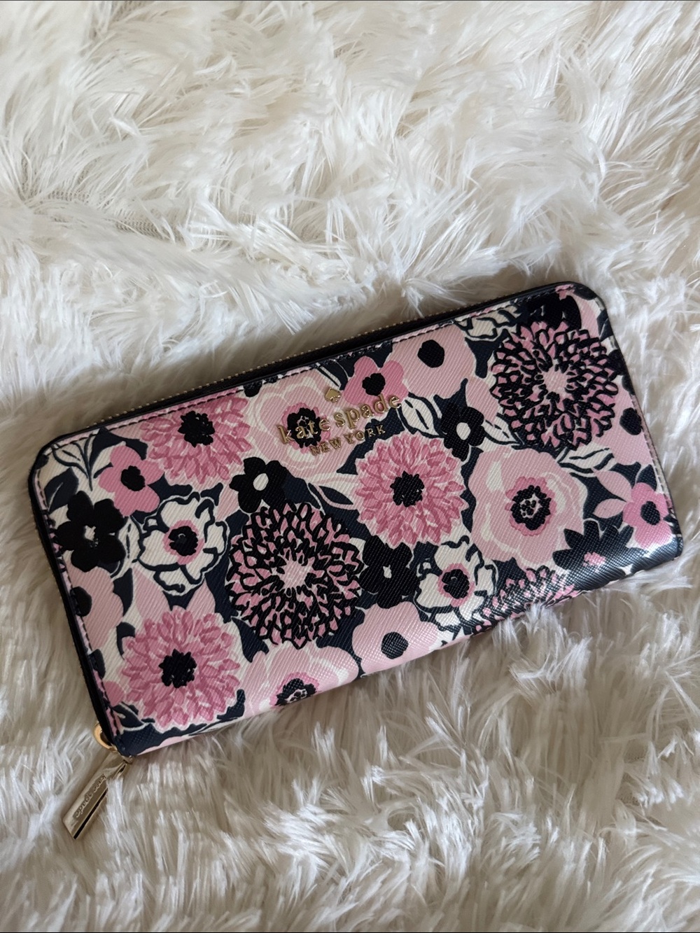 kate spade Pink and Black Floral Zip-Around Wallet